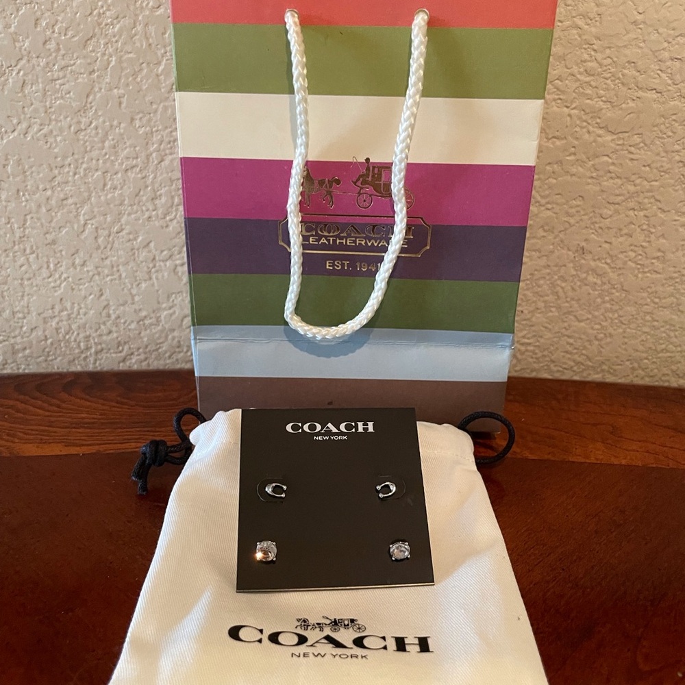 New Coach Signature C & Crystal Stud Earrings